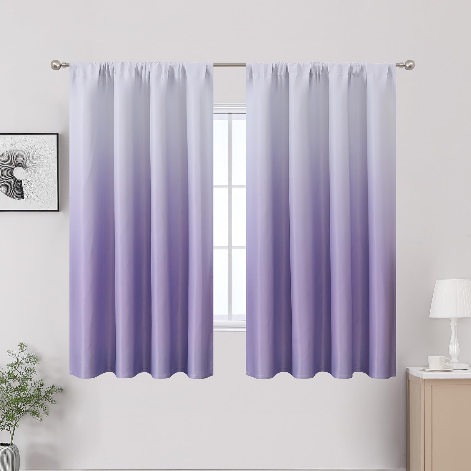 VEHEDE Thermal Insulated Ombre Curtains for Bedroom Noise Reduction Gradient Lilac and White Drapes with Pencil Pleat Blackout Room Darkening Curtain - Image 3