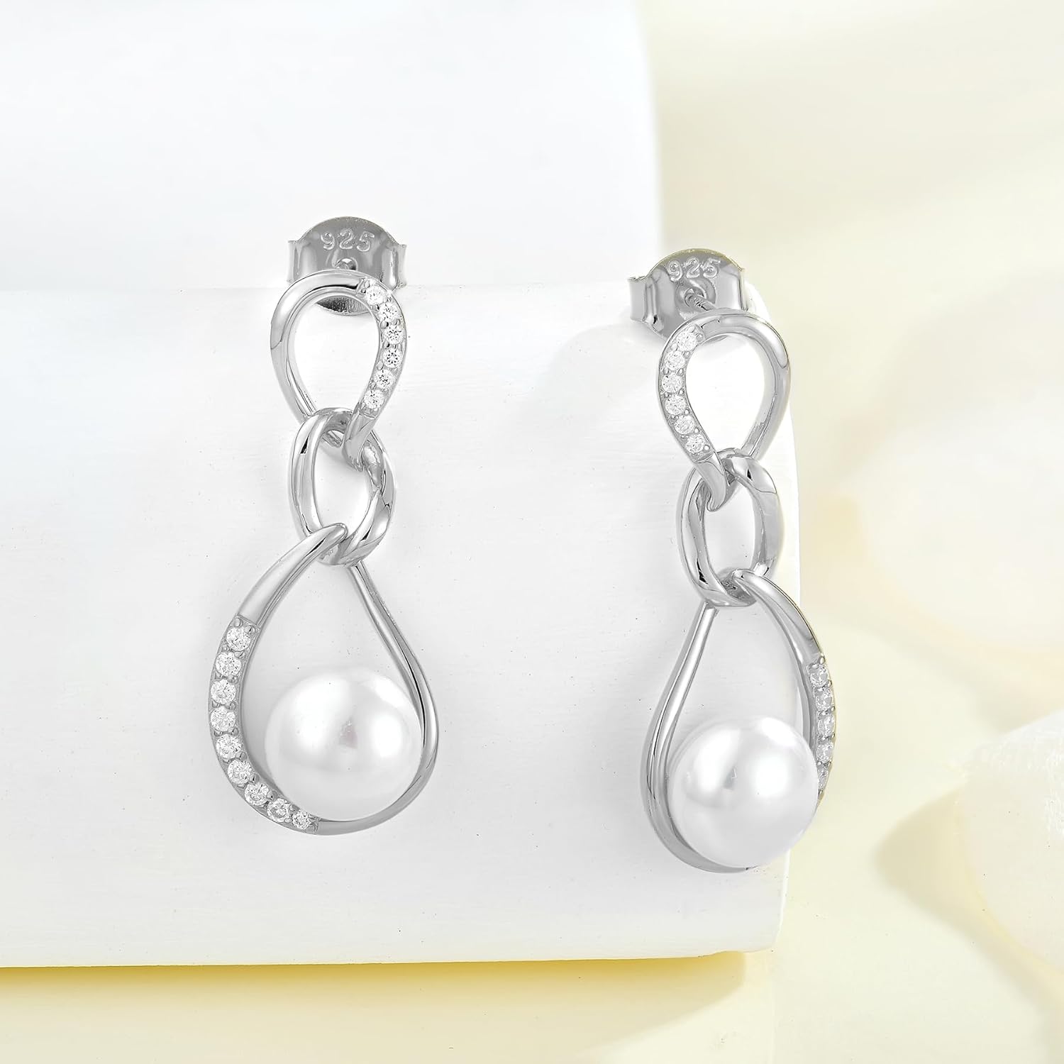 Women 925 Sterling Silver 8mm Button Freshwater Pearl Dangle Drop Earrings 5A Cubic Zirconia Jewelry - Image 4