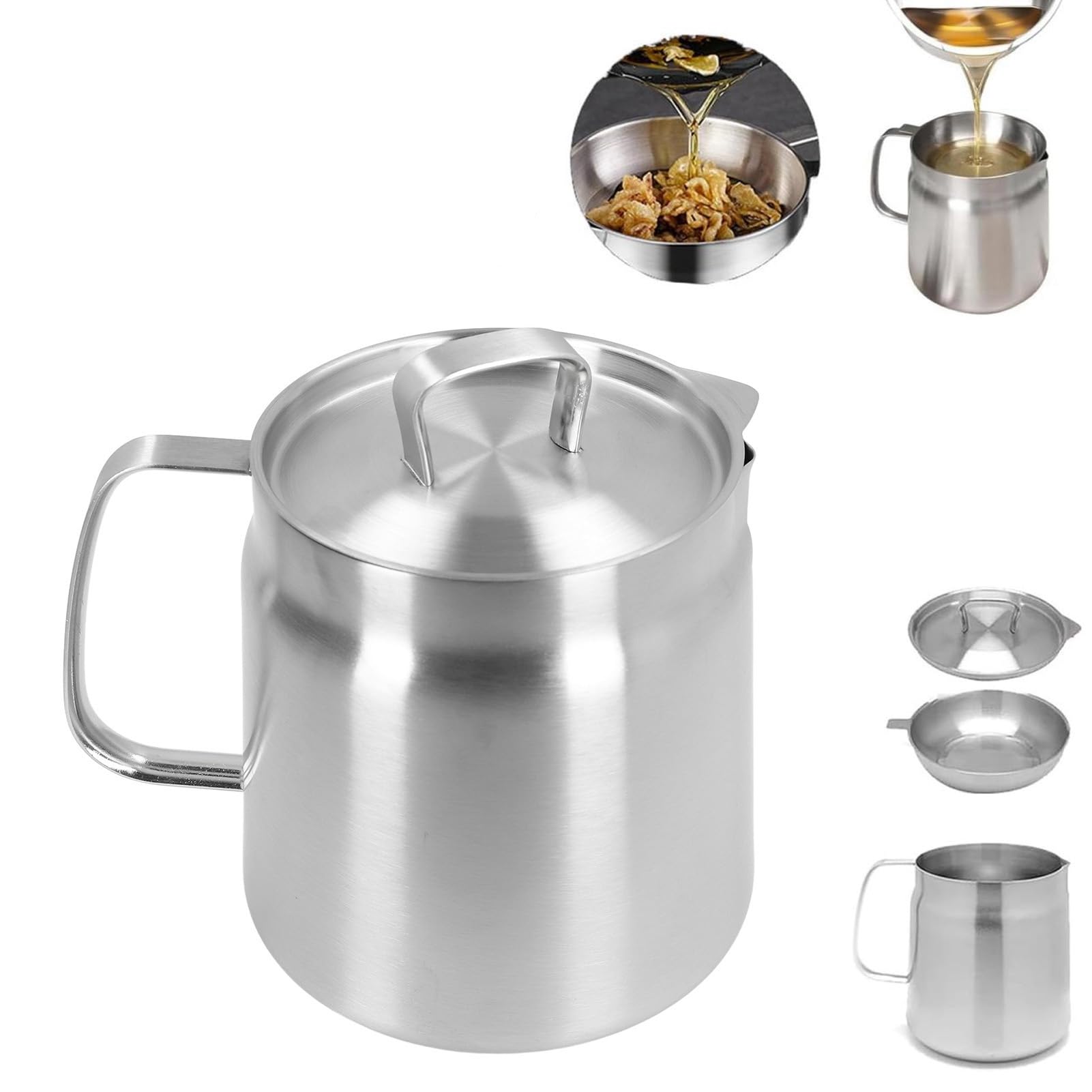 Friteuse à Huile de Grande capacité en Acier Inoxydable, Pot de Filtre à Huile, Pot à Huile avec Crépine, Séparateur de Résidus, Poignée Ergonomique, Bouteille de Séparation (2L)
