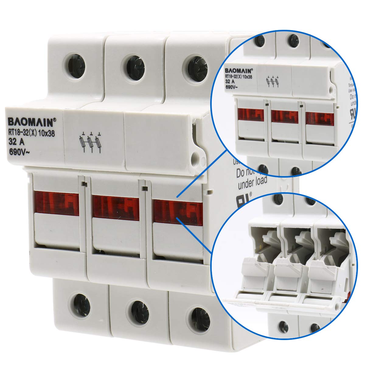 BAOMAIN 3P 600V 30A DIN Rail Fuse Holder for 10x38mm Fuses,UL White — Amazon image 5
