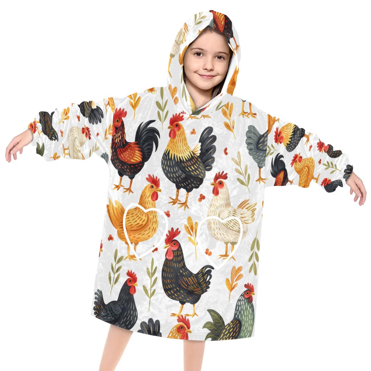 Pardick Wearable Blanket Hoodie for Kids, Cute Chickens Fleece Sweatshirt Blanket Oversized Blanket Sweatshirt with Pocket Flannel Warm Hooded Blanket 6-10 Year Old Girl Boy Gift, One Size