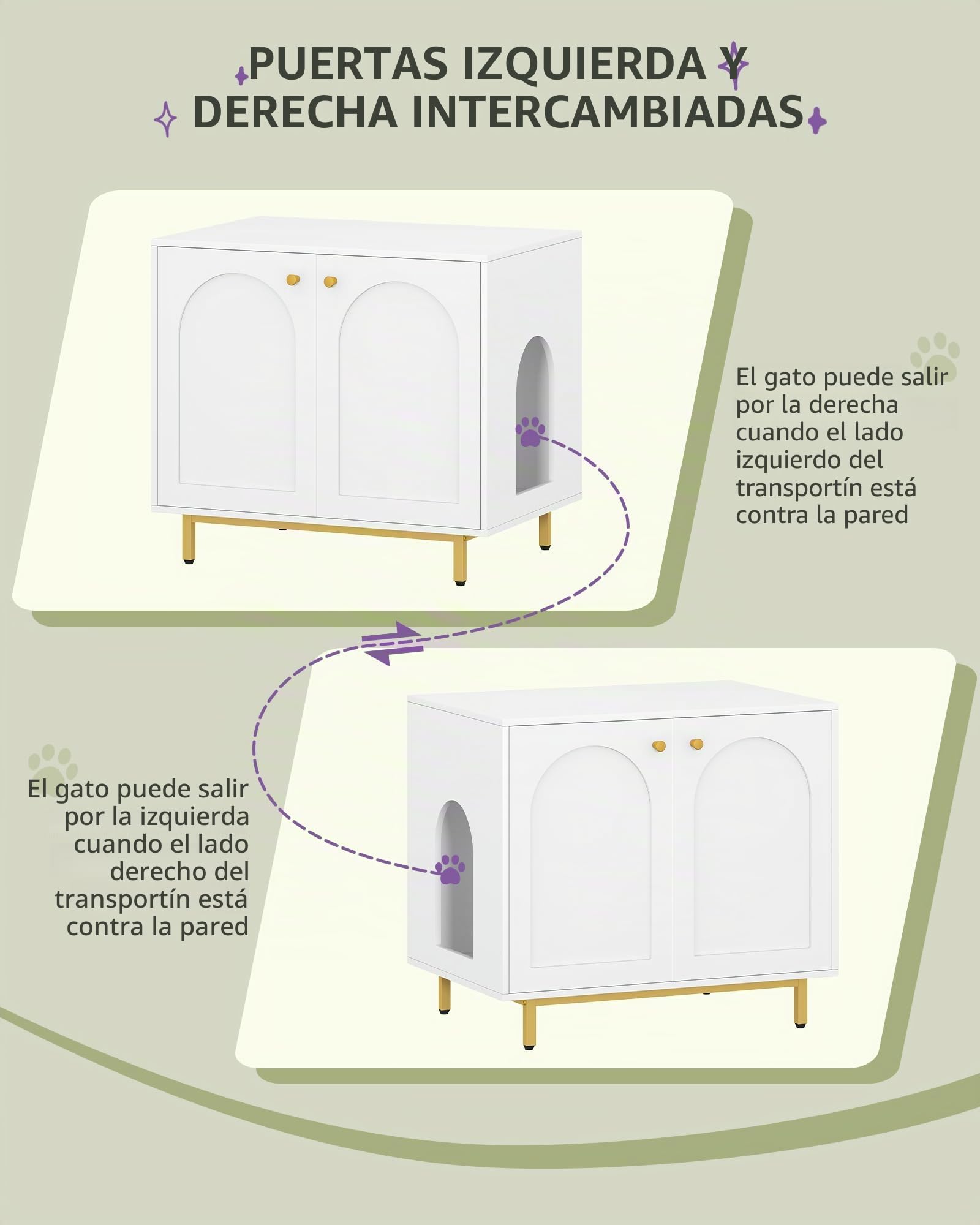 Hzuaneri Caja de Arena para Gatos, Muebles de Caja de Arena, Mesa Auxiliar para Casa de Mascotas, Banco de Gabinete de Almacenamiento, se Adapta a la Mayoría de Gatos, Blanco y Dorado CB85003G