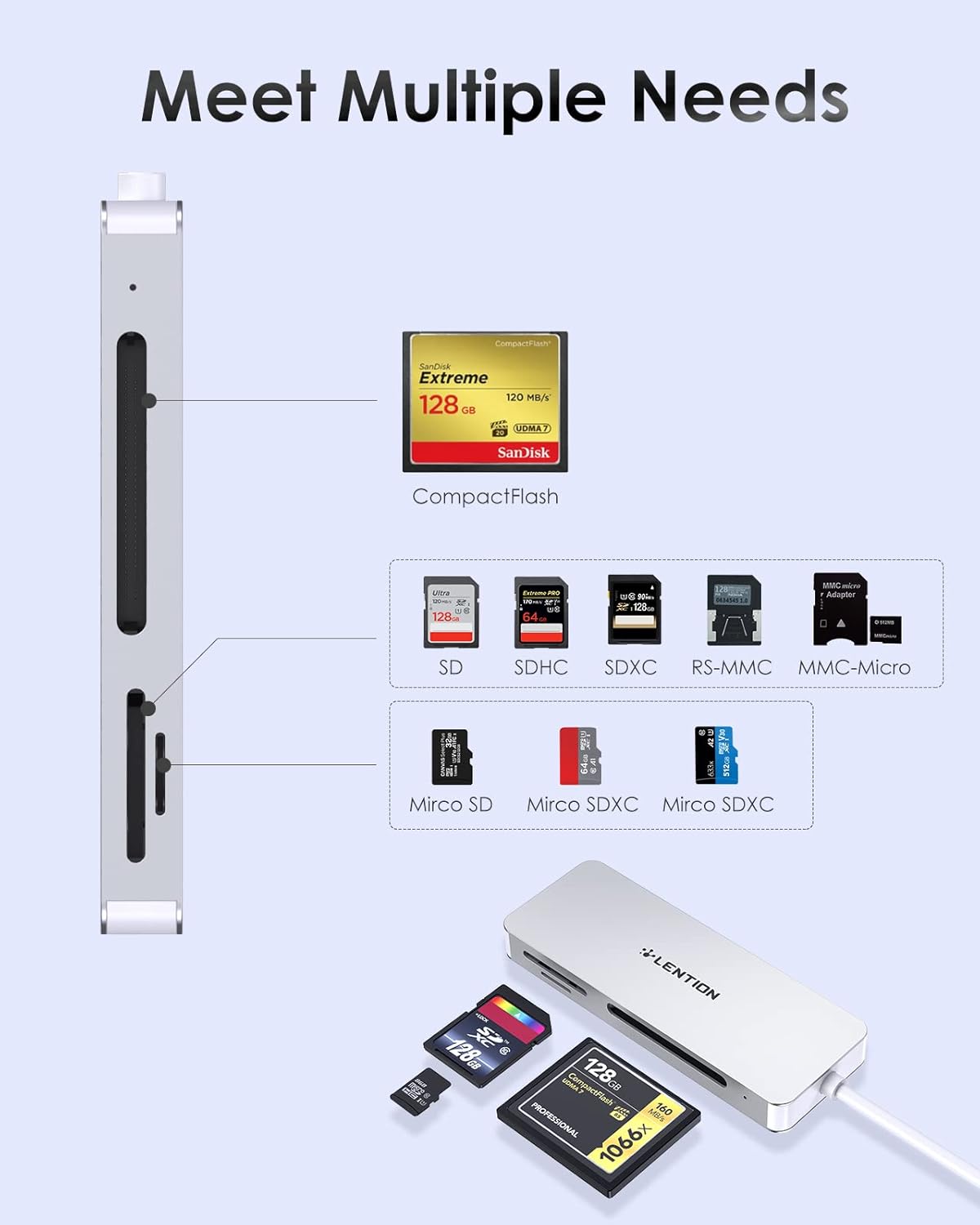 LENTION USB C to CF/SD/Micro SD Multi-Card Reader, SD 3.0 Card Adapter Compatible 2023-2016 MacBook Pro 13/15/16, New Mac Air/iPad Pro/Surface, Iphone15, More (CB-C12, Silver)