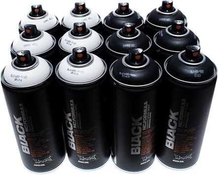 Montana BLACK 400ml Set of 12 Graffiti Street Art Mural Spray Paint (Black & White)