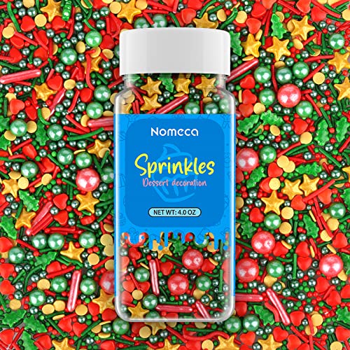 Nomeca Christmas Sprinkles for Cake Decorating - Star Cake Sprinkles Cupcake Sugar Sprinkles Mix for Holiday Cookie Sprinkles Jimmies for Ice Cream Edible for Children Red Green Gold Sprinkles - 4 oz
