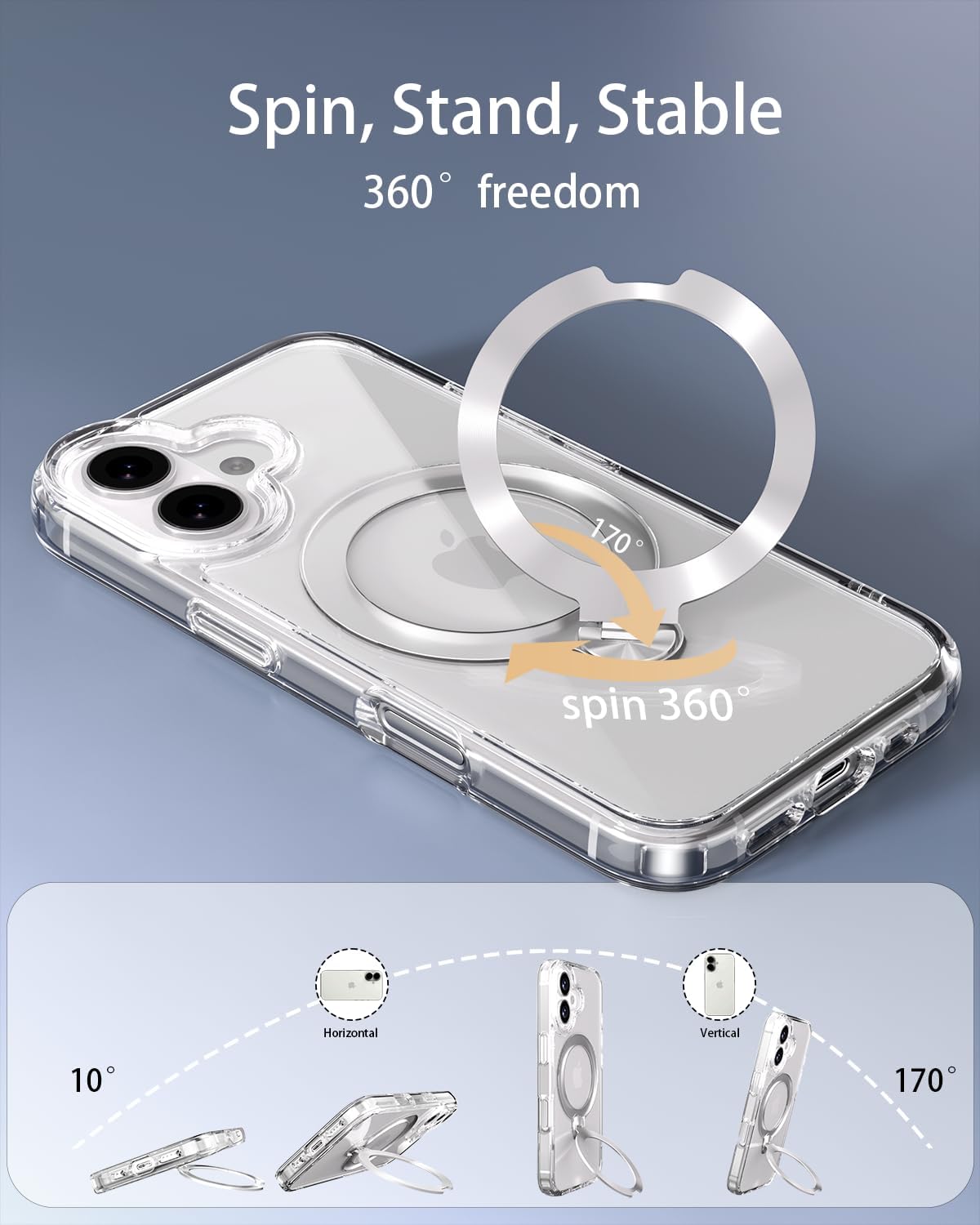 for iPhone 16 Case Clear with 360°Spin Magnetic Stand, Compatible with MagSafe, Military-Grade Slim Hard Protective Cover Kickstand & CD Ring Holder,6.1"