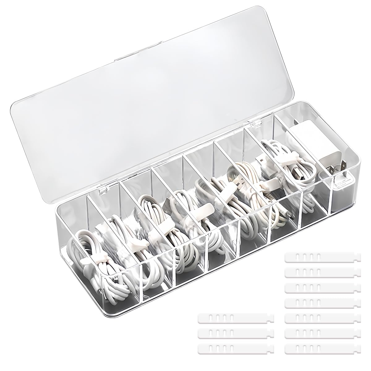 Przezroczysty organizer na kable z 8 przegródkami i 10 opaskami kablowymi, przezroczysty organizer na kable do biura