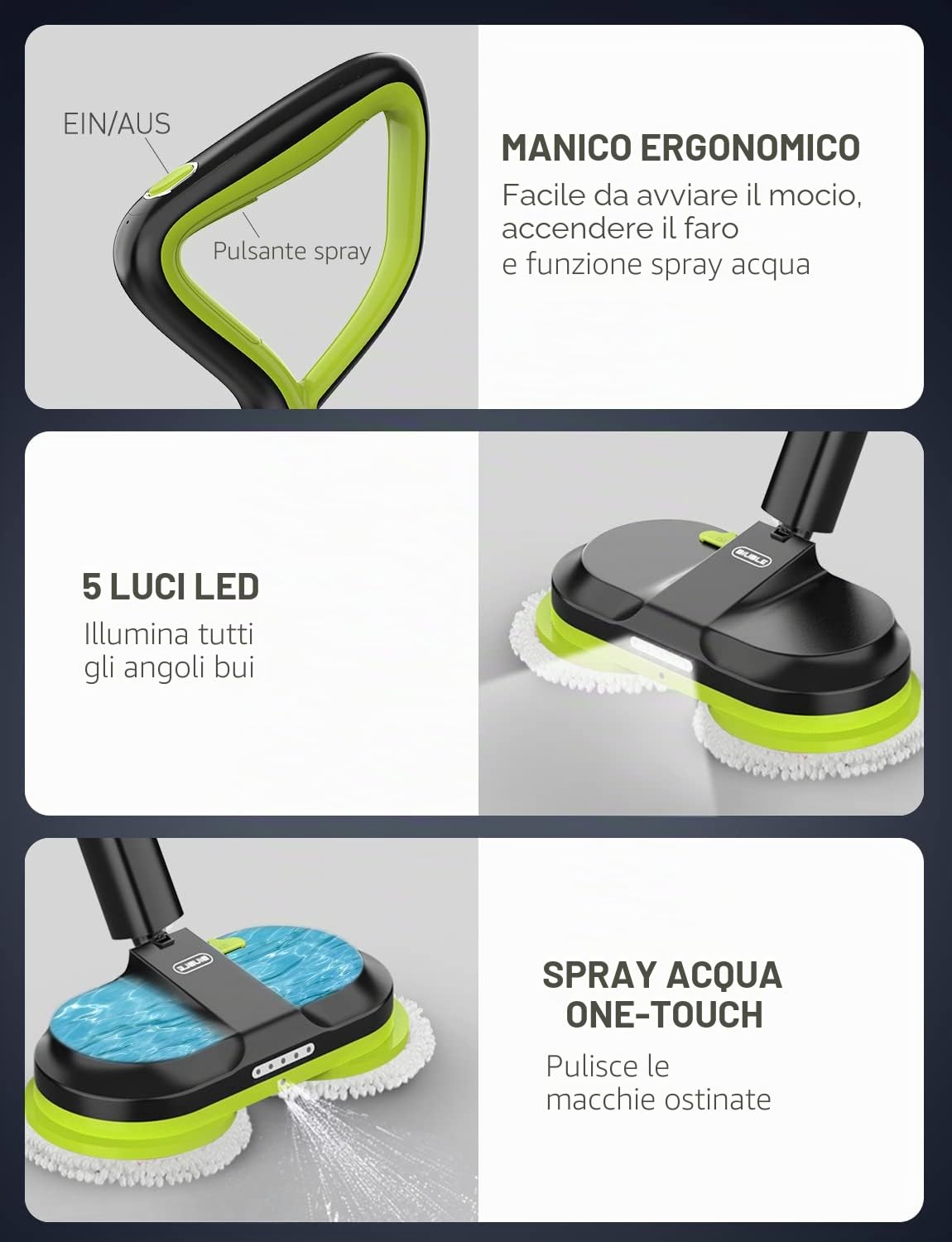 Macchina lucidatrice a batteria con funzione spray, serbatoio da 300 ml, illuminazione LED, doppia rotazione