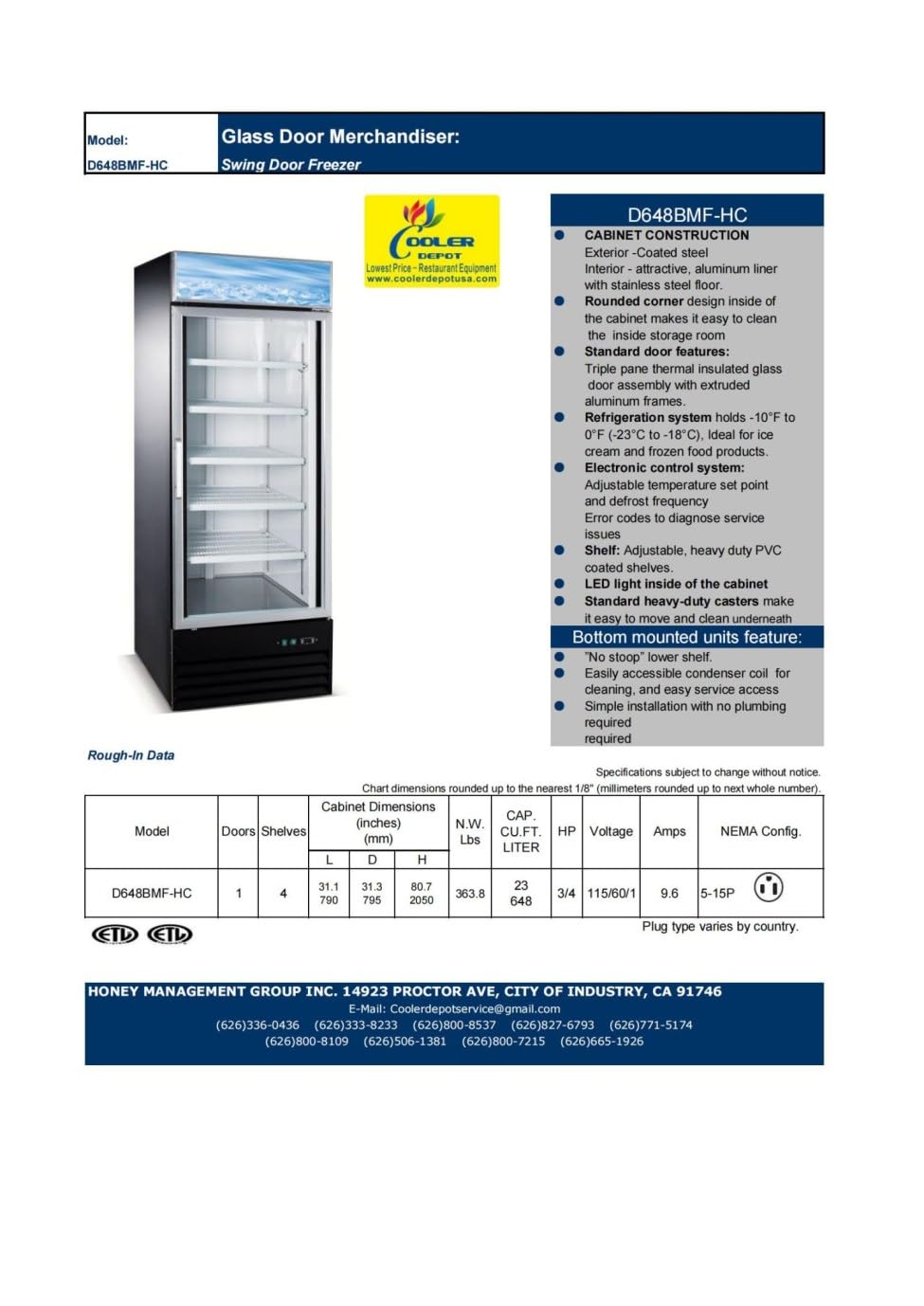 cooler depot Commercial Freezer Glass 1-door 32"Width Coated Steel Frame&Exterior, Aluminium Interior, Reach-In 23 Cu. Ft Display Merchandiser NSF -10°F~ 0°F bottom-mounted Restaurant D648BMF on Fridge.com
