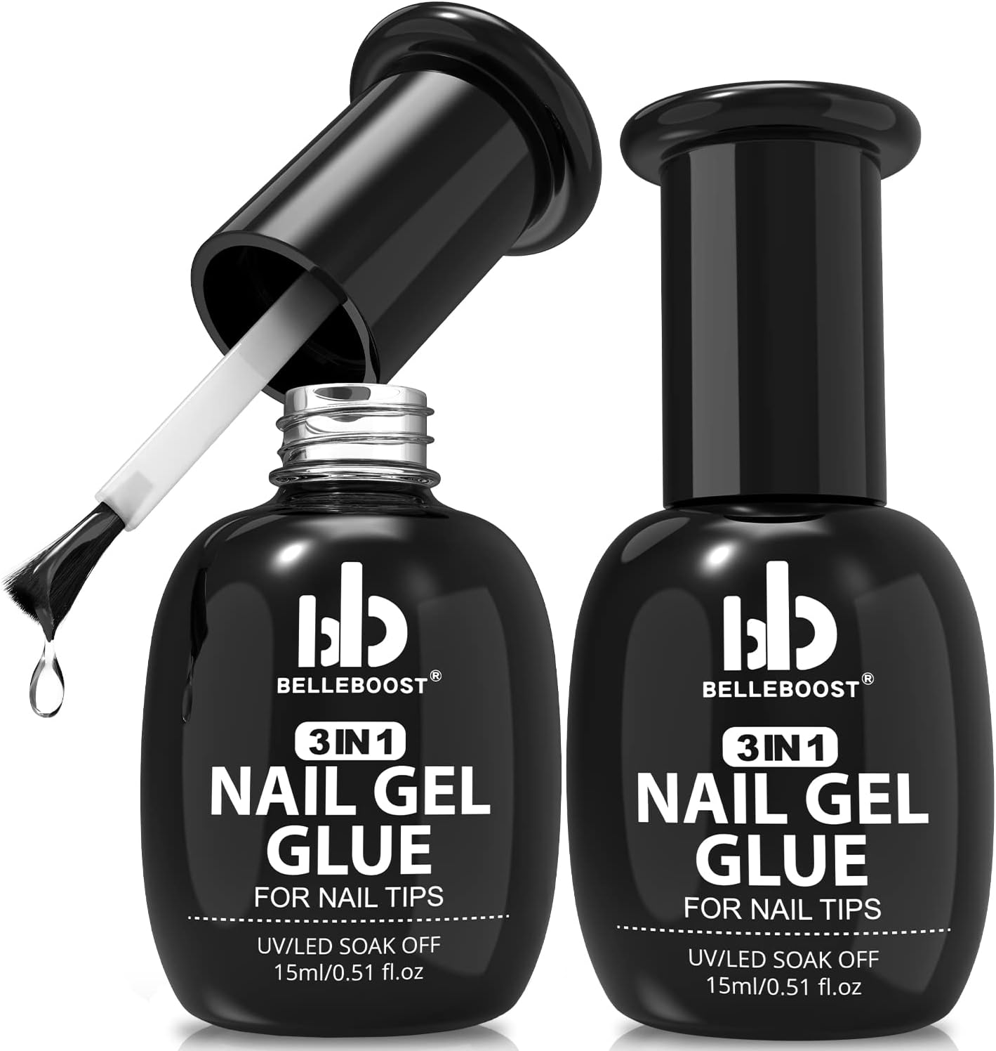 BELLEBOOST 3 in 1 Nail Gel Glue for Acrylic Nails,15ml x2 PCS Muti-Functional Press On Nail Glue Gel Kits for False Nail Tips UV/LED Lamp Needed