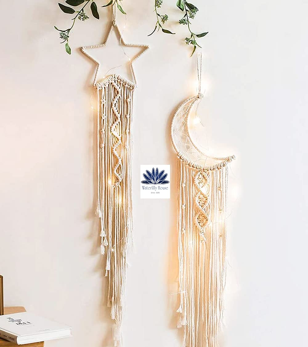 Waterlily House - 02 pcs Macrame Woven Wall Hanging Moon Dream Catcher- Boho Chic Bohemian Home Decor Wall Art Decor Beautiful Decoration (Moon&Star) with Included Light String, Off-White