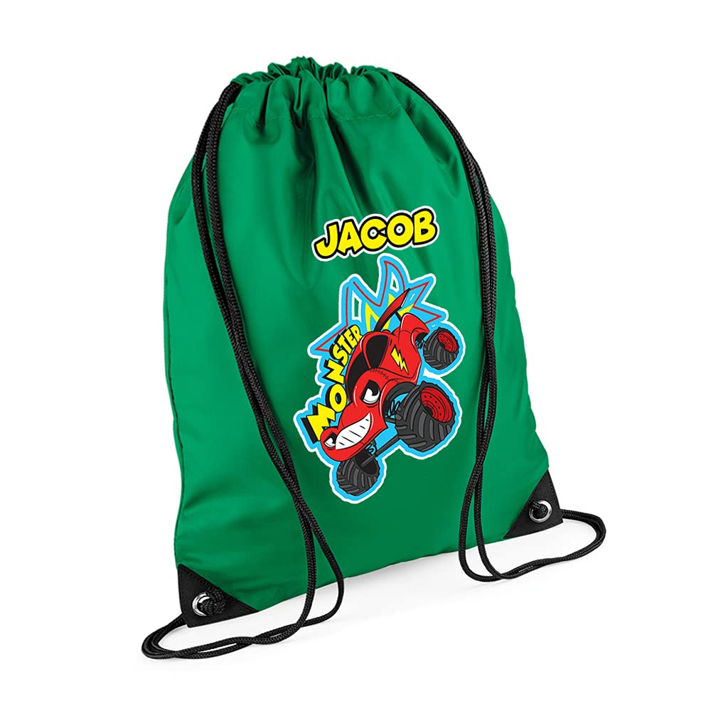 Personalised Funny Monster Truck Gift for Kids-Boys Toddlers Birthday Gift Back To School Drawstring Bag, PE Gym Kit, Swimming Rucksack. (Kelly Green)