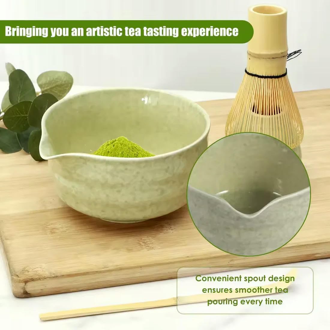 Japoński zestaw matcha z ceramiczną miską trzepaczką do matcha i miarką do herbaty dla miłośników herbaty, prezenty, akcesoria do robienia herbaty, 4 szt