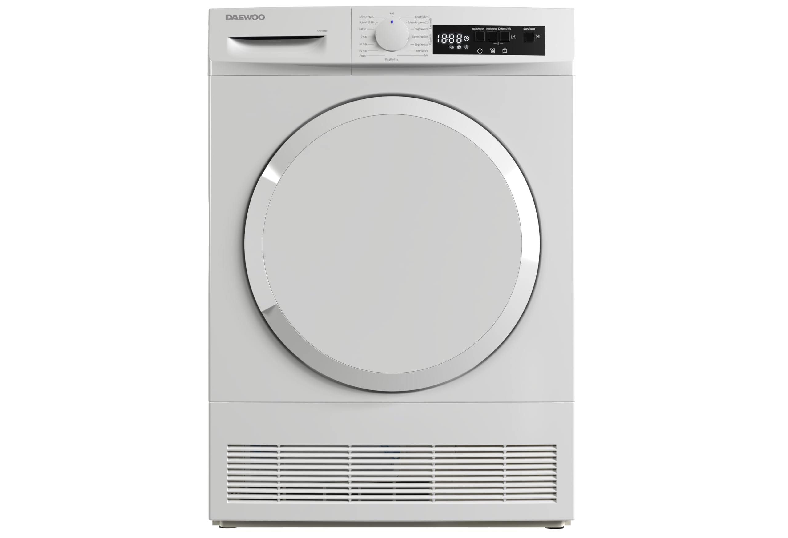 Daewoo T7CT1W0DE Kondenstrockner Frontlader, G, 7 kg, 15 Programme mit 29 Min.-Kurzprogramm, Startzeitvorwahl, LED-Trommelbeleuchtung, Weiß