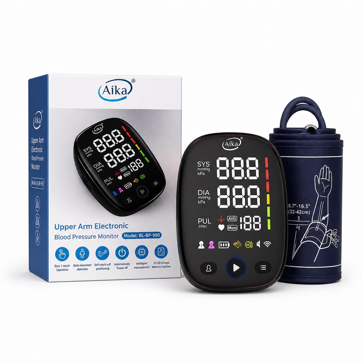 Aika Upper Arm Blood Pressure Monitor, Automatic Digital BP Machine with Large LED Backlit Display, 2 Users x 120 Memory, Irregular Heartbeat Detection, Adjustable Cuff 8.7"-16.5", USB & Battery Powered (1 Year Warranty(-image-9