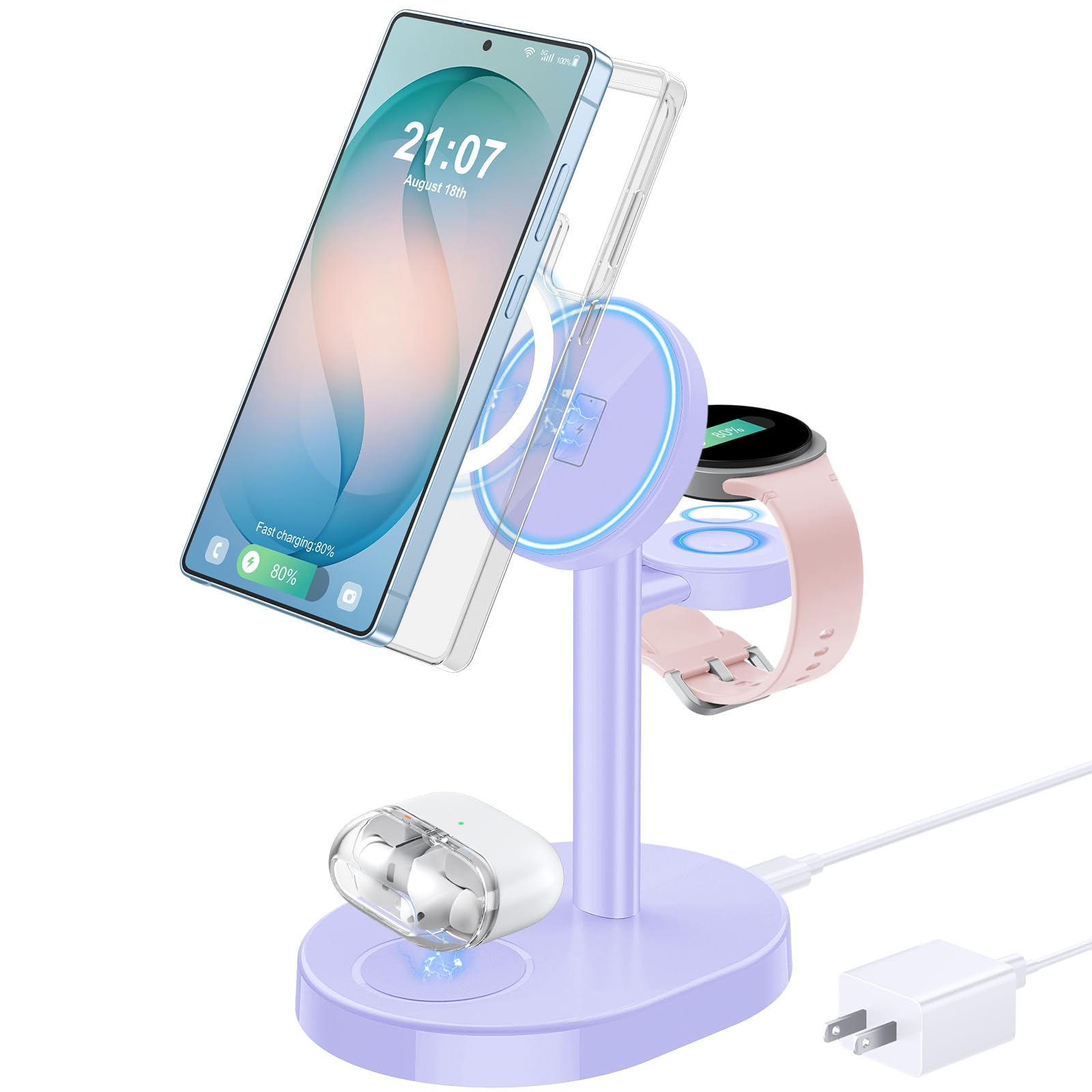 Hevanto Caricabatterie wireless 3 in 1 per Samsung Galaxy, stazione di ricarica magnetica super veloce da 15 W per MagSafe Samsung Galaxy S26 Ultra S25 S24 S23 Z Fold Flip Watch 8 7 Classic Buds 4 3 2
