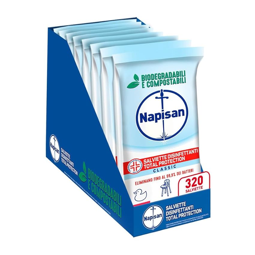 Napisan Salviette Disinfettanti Total Protection, Confezione da 8 Pacchi x 40 Salviette Disinfettanti Biodegradabili e Compostabili Multisuperfici