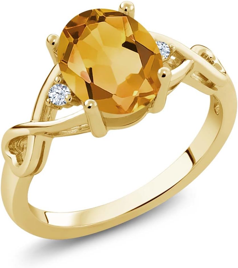 Gem Stone King 18K Yellow Gold Plated Silver Yellow Citrine and White Topaz Engagement Ring For Women (1.55 Cttw Oval 9X7MM, Gemstone Birthstone, Available In Size 5, 6, 7, 8, 9)