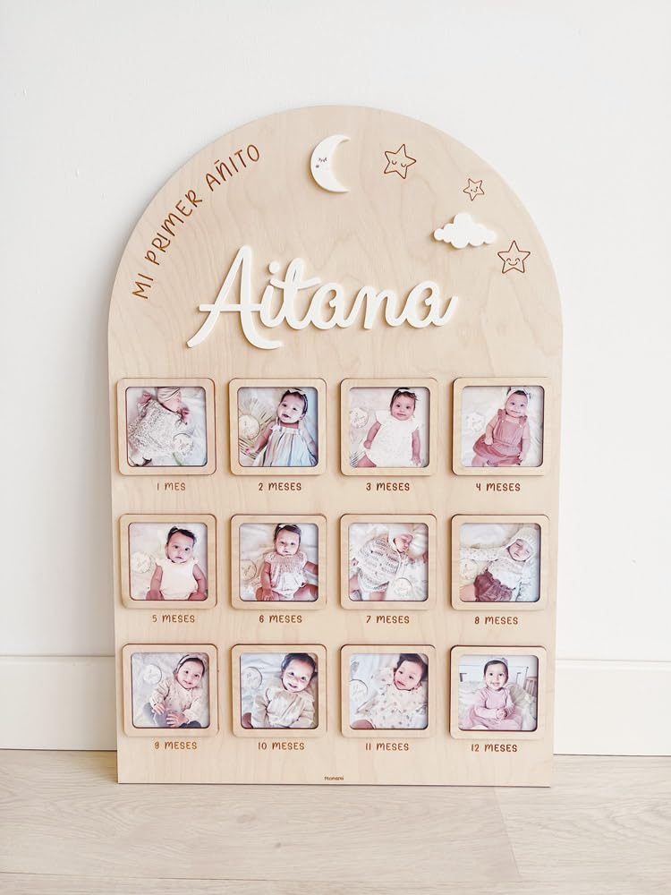 MONAMI - Marco de fotos personalizado mi primer año de bebé. Marco con 12 meses, un recuerdo imborrable y ÚNICO del crecimiento de tu peque. Realizado en madera natural y artesanal.