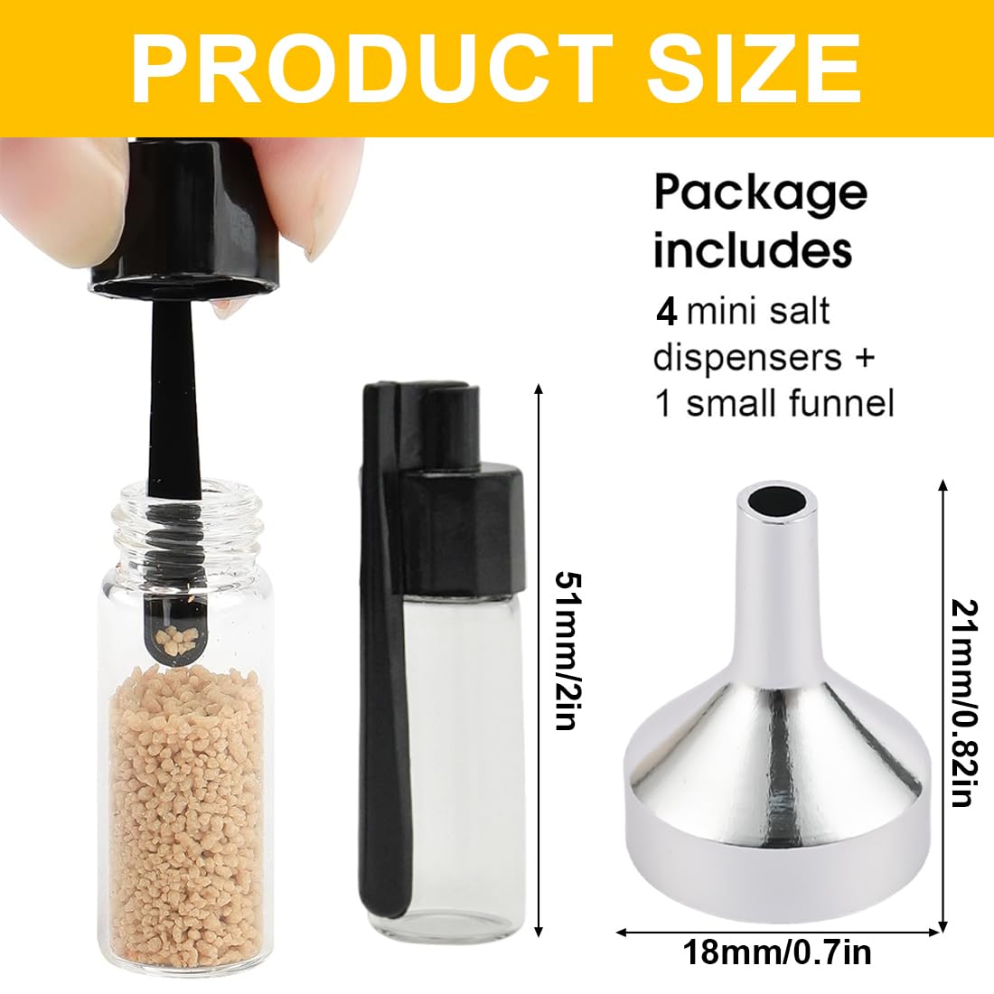 WUSJCOF Lot de 4 pièces - Flacons de poudre à épices avec cuillère doseuse et mini entonnoir,étanche,petites fioles en verre pour rangement (51 mm de hauteur) pour le camping et les voyages