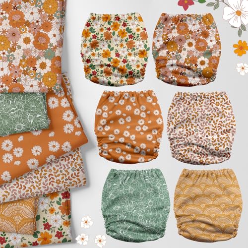 Mama Koala 3.0 Pocket Cloth Diapers for Babies with AWJ Lining, 6 Pack with 6 5-Layer Natural Cloth Diaper Inserts - Reusable and Washable Pocket Diapers(A-Little Daisies)