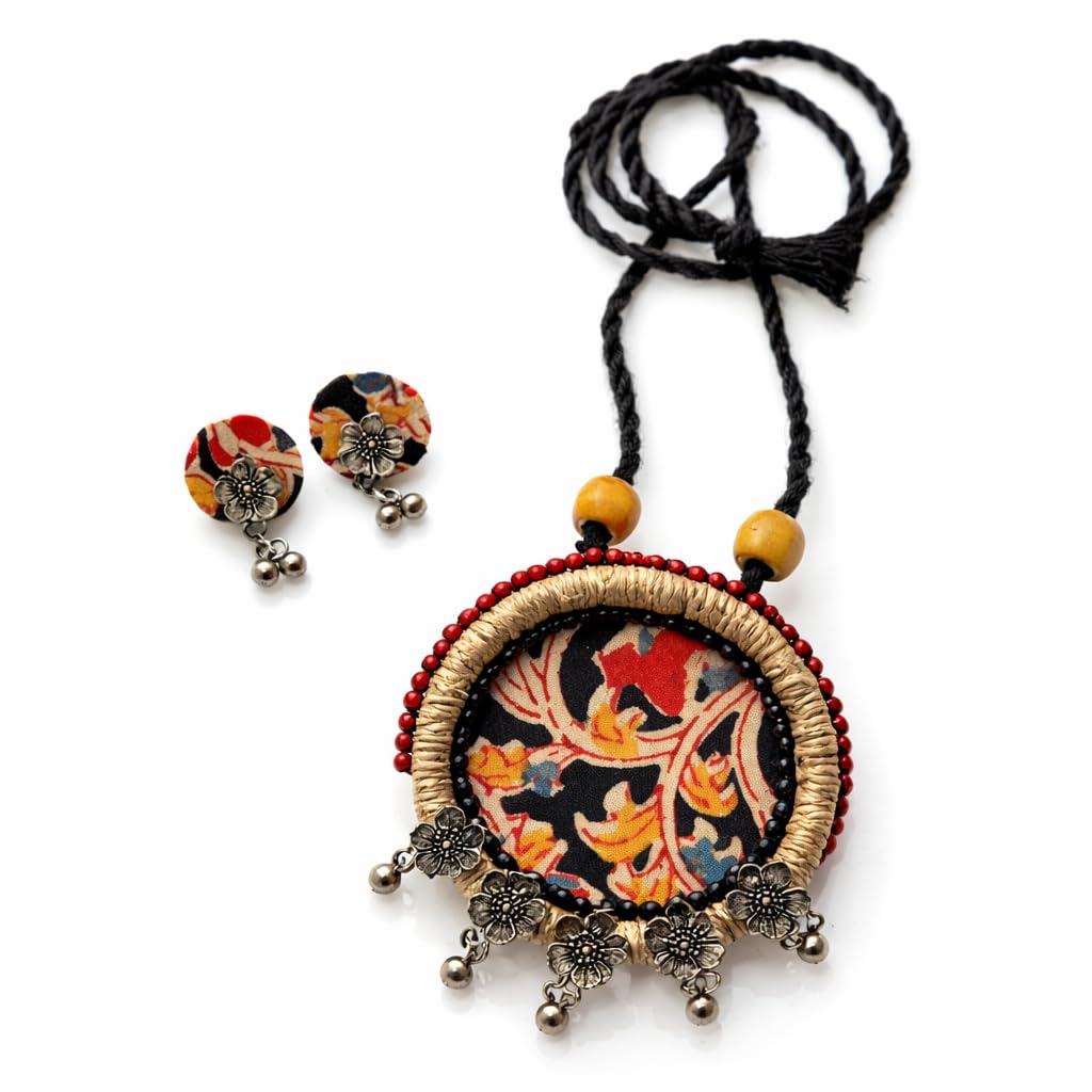 HANDMADE EYE SHAPED FABRIC HASLI WITH EARRINGS. Antique Charm | Sustainable Statement Neckpiece | Ethnic Boho. Eye Motif Necklace Set with Earrings | Lightweight Adjustable Tribal Jewellery | Ethnic Festive Statement for Women-image-8
