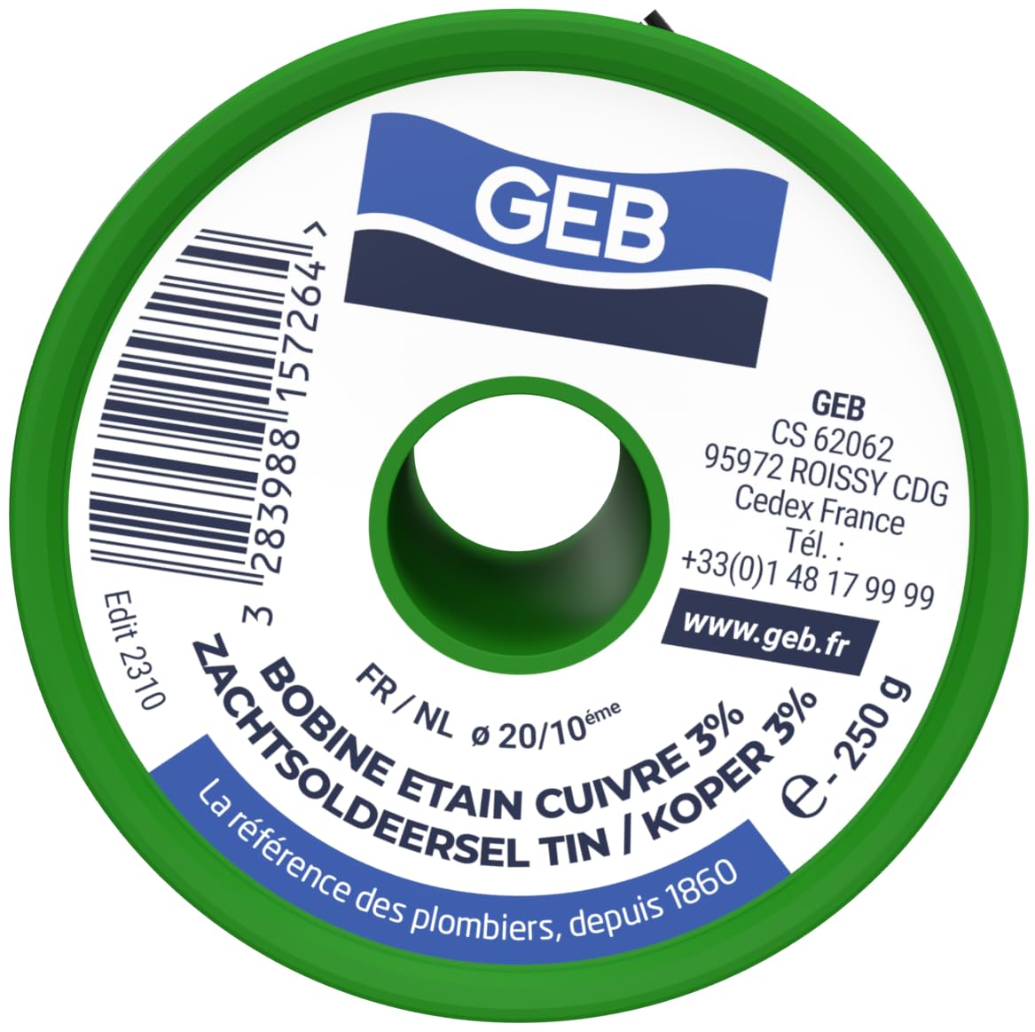 GEB Bobine étain/cuivre 3%. Convient pour braser Le cuivre et Ses alliages, Argentée. sans Plomb. Conseillée pour Les canalisations d'eau Potable - Bobine 250g
