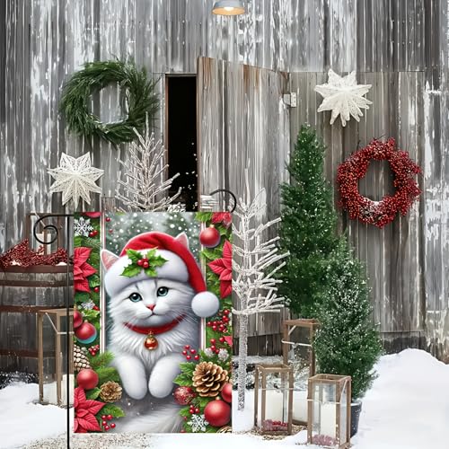 Image of BlissYard Garden Flag Cat Red Hat Winter 12x18 Inch Polyester
