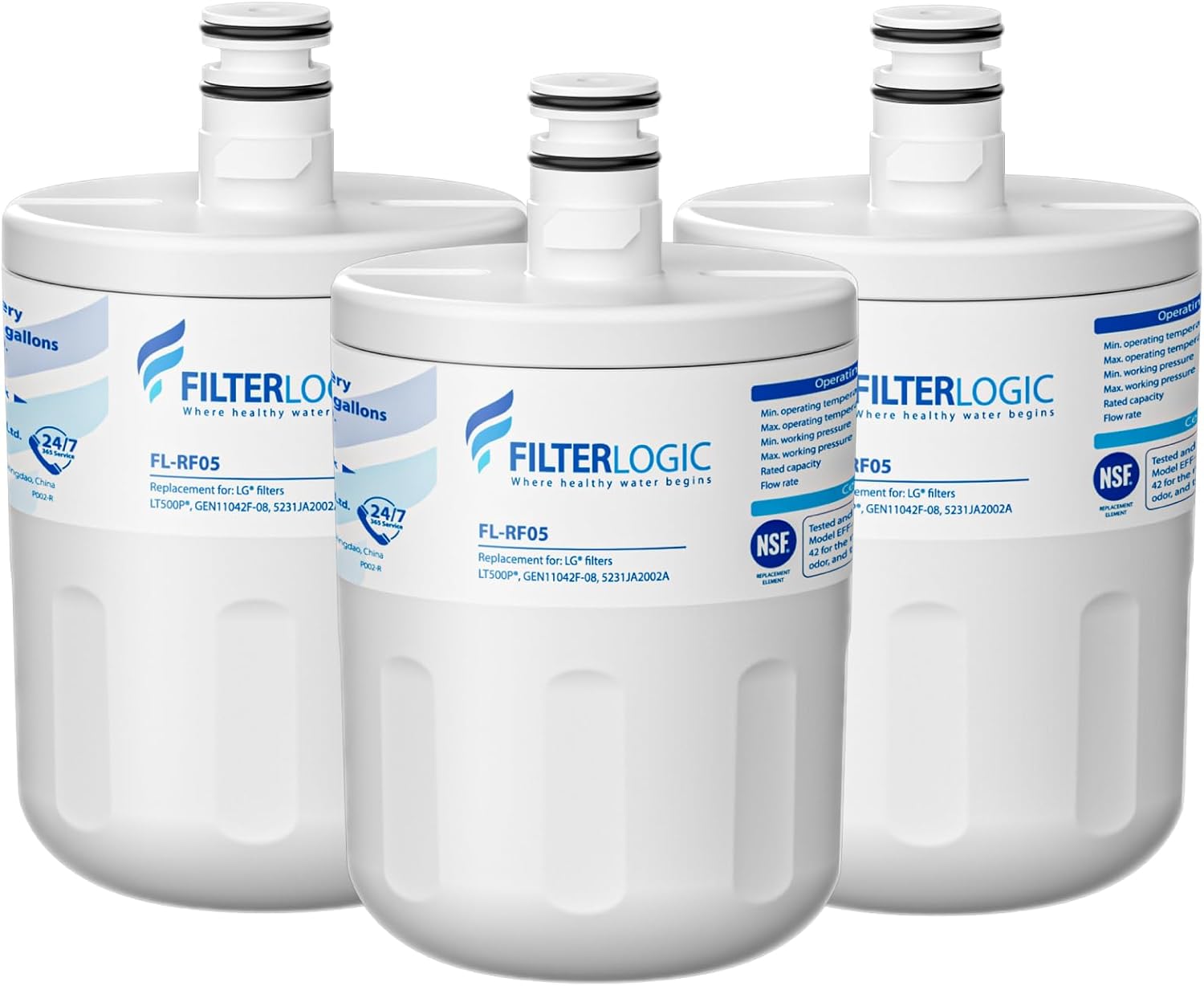 Filterlogic 5231JA2002A Refrigerator Water Filter, Replacement for LG® LT500P®, GEN11042FR-08, ADQ72910911, ADQ72910901, Kenmore 9890, 46-9890, LFX25974ST, LMX25964ST, LSC27925ST, 3 Pack
