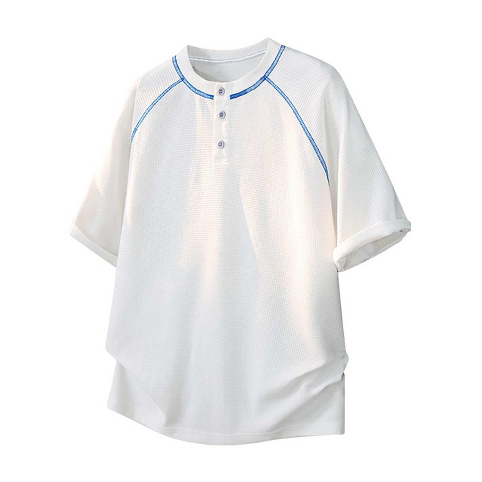 T-Shirt Homme Haut Tee Manches Courtes Coton Tricot nid dabeille Stretch délavé élastique Ultra Doux Soyeux Ample Moulant Slim Regular col Haut 3 Boutons pour été Fitness extérieur Loisirs