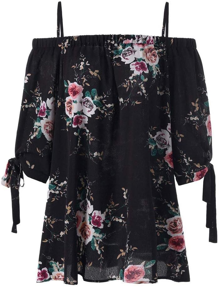 KIMODO CCLKIMODO® Fashion Womens Plus Size Sirts 3/4 Sleeve Bow Floral Print Cold Shoulder Blouse Casual Off Shoulder Camis Tank Tops