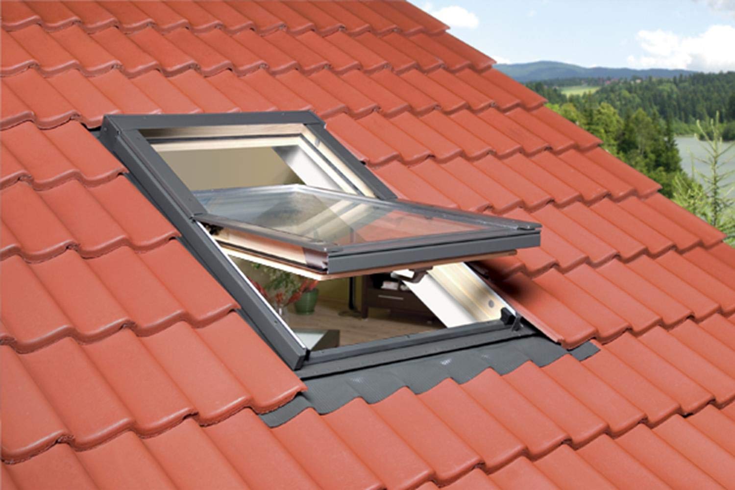 Ventana de techo OptiLight B de 55 x 98 cm, madera lacada transparente, ventana oscilante con doble acristalamiento | valor U de ventana: 1,3 | incluye marco