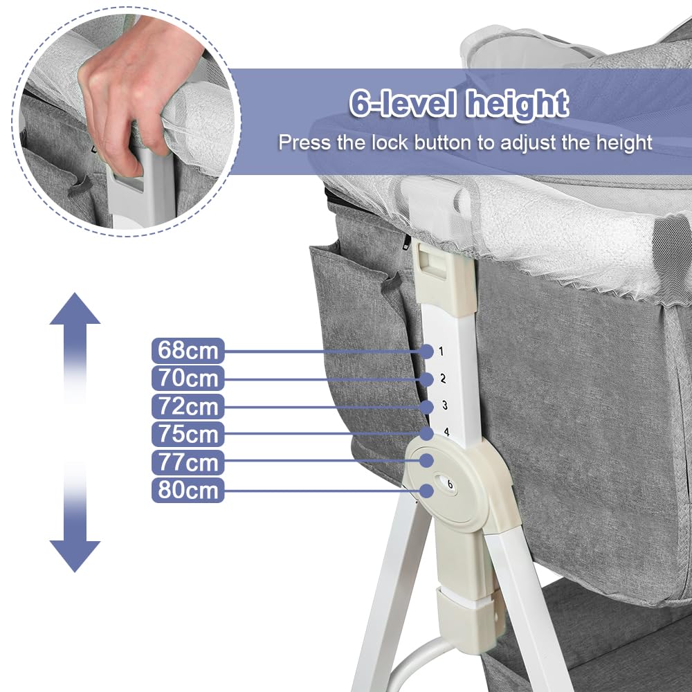 Lit Bébé Cododo la Naissance avec Fonction Bascule, Berceau Cododo avec Matelas et Moustiquaire, Lit d'appoint Mobile pour Bébé, Hauteur en Réglable 6 Positions, Gris 90 * 50*(98-110) cm