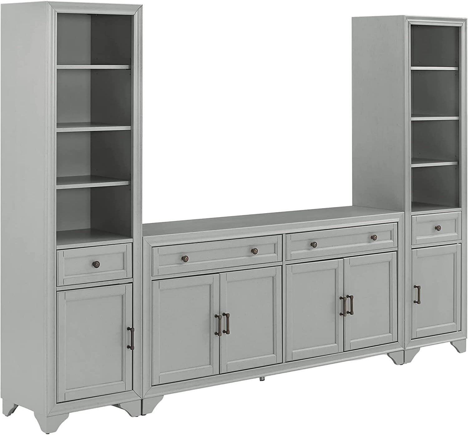 HomeStock Vintage Sideboard & Bookcase Set - Distressed Gray Storage - 3 Piece Modular Home Organization