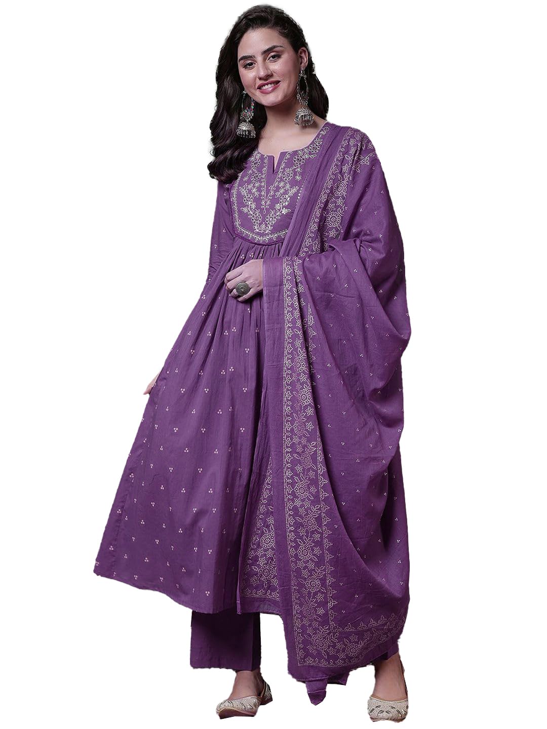 PARTHVI Women’s 100% Pure Cotton Anarkali Kurta Set with Pant & Dupatta | Embroidered Flared Kurta | Elegant Ethnic Suit