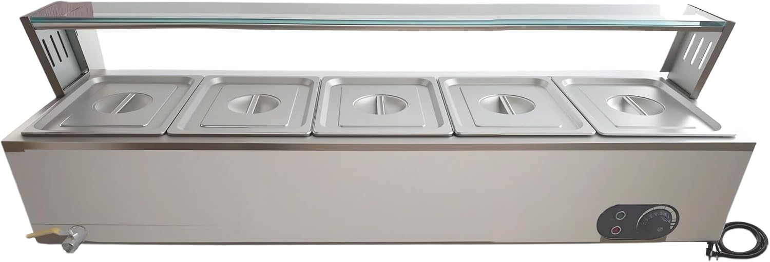 1200W Stainless Steel Commercial Steam Food Warmer with 5-Pan Bain Marie - Warming Trays for Buffets Party, Food Warmers for Parties Buffet Electric, Electric Buffet Servers and Warmers for Catering