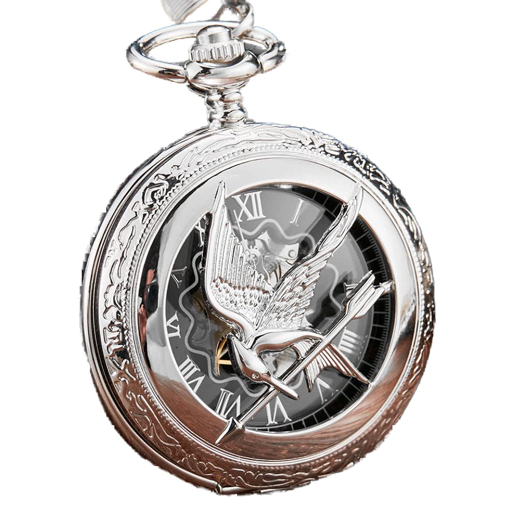 Vintage Hollow Hunger Game Steampunk mechanische Taschenuhr Kette Mode Silber Uhren Uhr Hand Wind