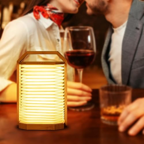 Miniatura 8 de Lámpara portátil de bambú  Linterna japonesa plegable con carga USB, pantalla de papel de fibra resistente al agua, luz de viaje de acordeón para