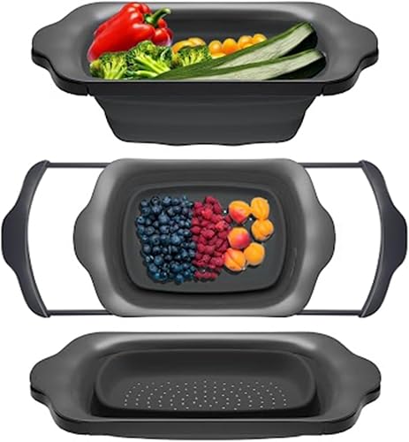 Comfify Colador sobre el fregadero con asas, elegante colador de cocina de plástico negro para pasta, verduras y frutas, diseño que ahorra espacio,