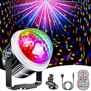 Disco Lights, Gritin 360°Rotation Music Activated Disco Ball Lights with 4M/13ft USB Cable & Remote Control – [ Dynamic…