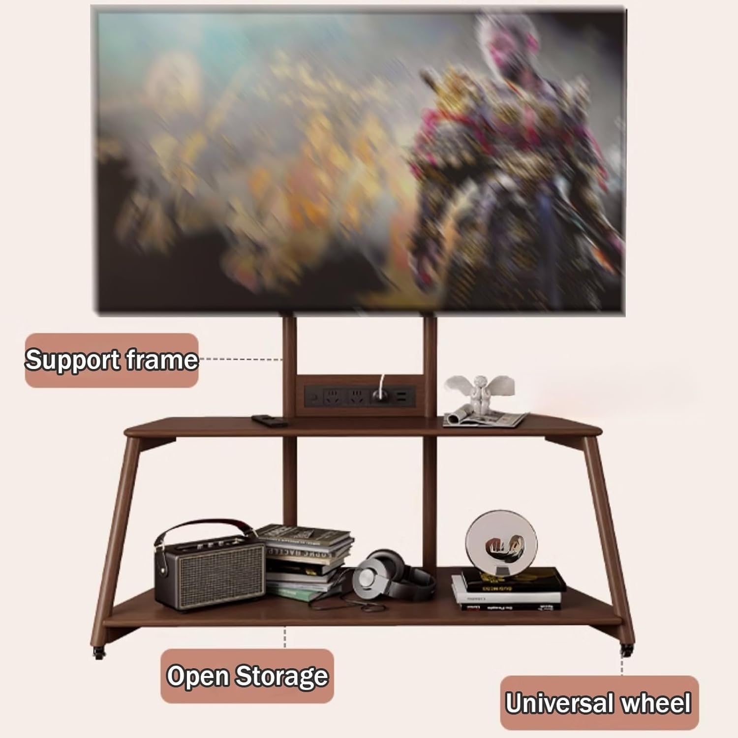 Mobile TV Stand, Mobile TV Cart on Wheels, Rolling TV Stand with 15° Tilt, Wooden Rolling TV Cart with Shelf, Floor TV Stand fit Corner, Bedroom, Outdoor(39.3in/100cm)