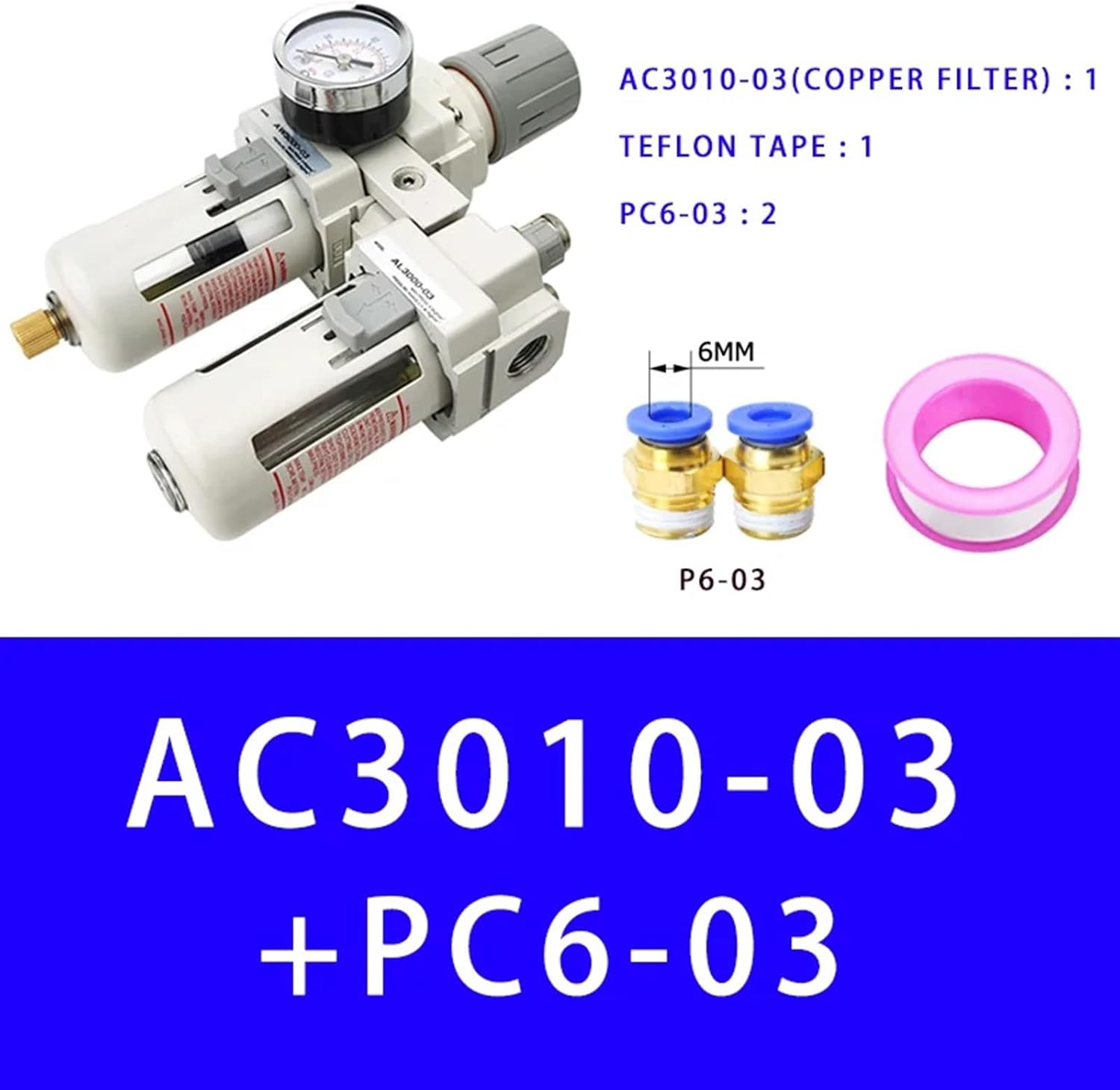 AC3010-03 Air Pump Compressor Filter Pressure Regulator Trap Pneumatic Oil Separator Manual Drainage Supply Moisture Filters (Color : Copper and PC6-03)