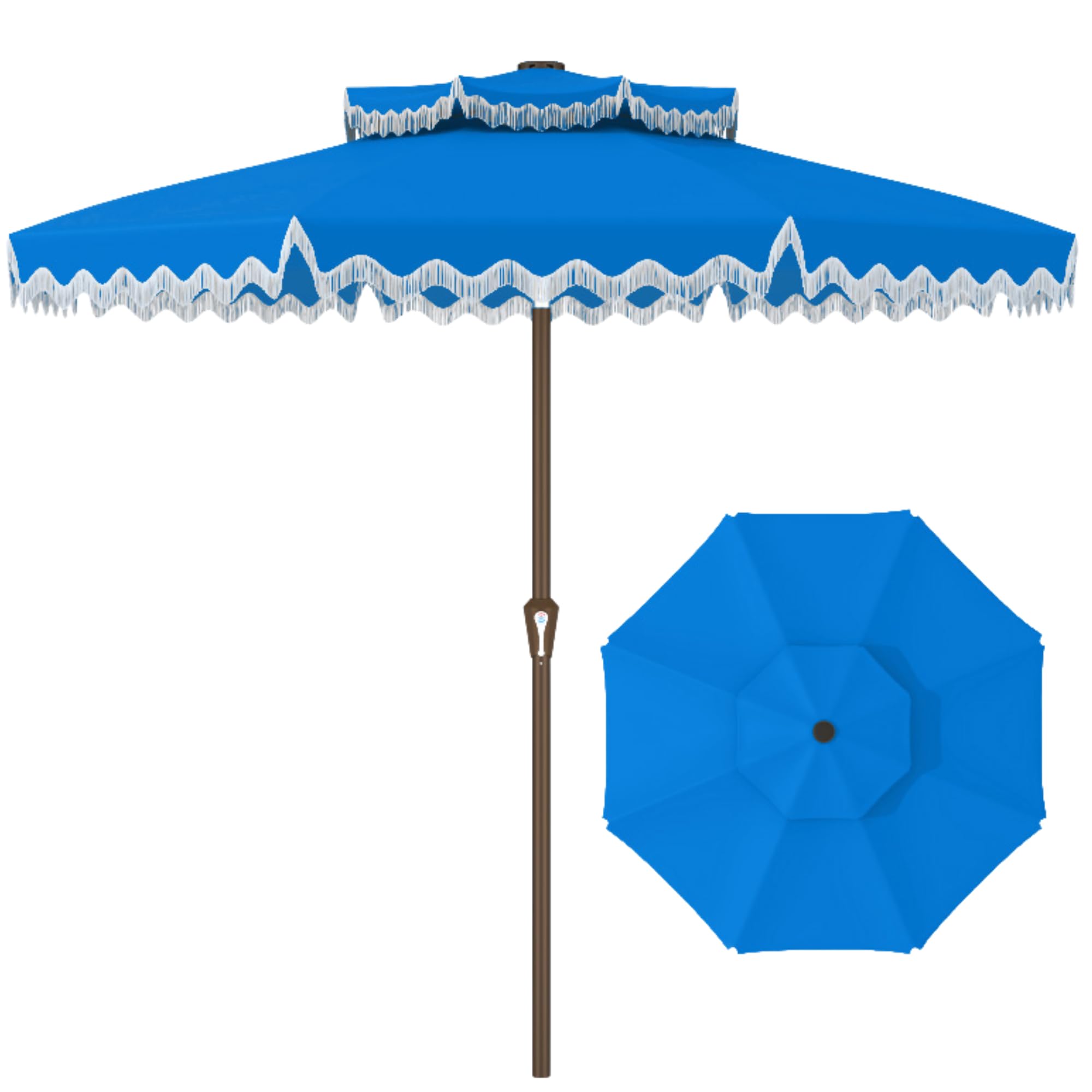 PatioKingdom 9FT Patio Umbrella with Tassel,Outdoor Market Umbrella with Push Button Tilt and Crank, Table Umbrella UPF50+ and 8 Sturdy Fiberglass Ribs (Royal Blue)