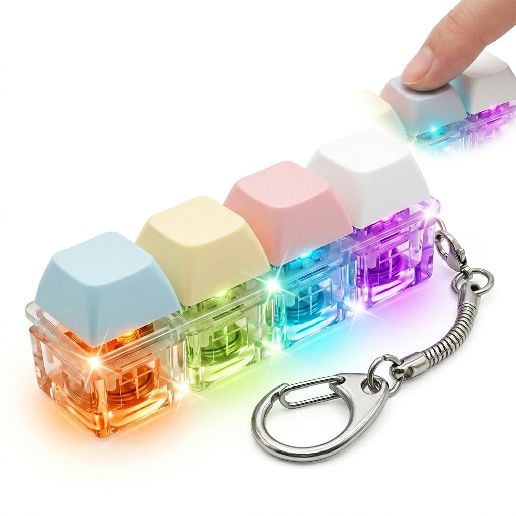 4 Button Keyboard Fidget Toy, Clicky Fidgets Keyboard Keyring with LED Light, Mini Finger Keyboard Caps, Light Up Keychain Decompression Toys to Relieve Stress Pass the Time for Adults Kids
