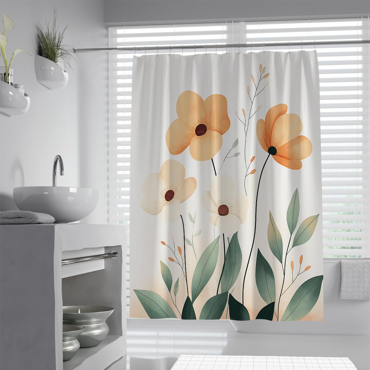 UIRINGART Soft Peach Shower Curtain W200xL220cm Minimalist Floral Botanical Print Waterproof Polyester Mildew Resistant Quick Dry Bathroom Screen with Hooks