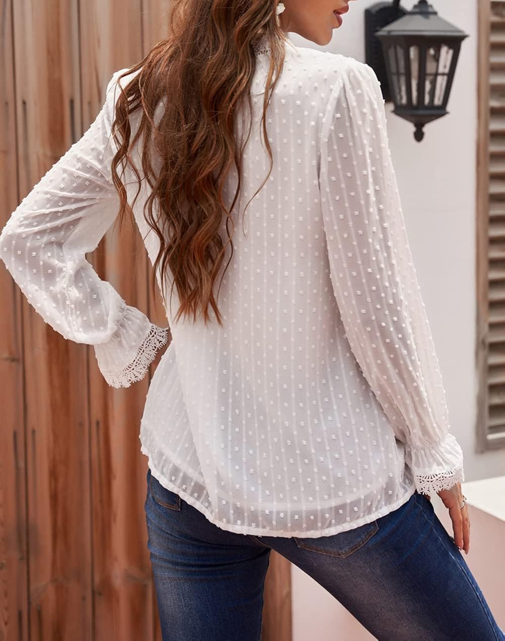 SUPRELOOK Women's V Neck Lace Crochet Tops Casual Loose Long Sleeve Swiss Dot Tops Tunic Shirts Blouses
