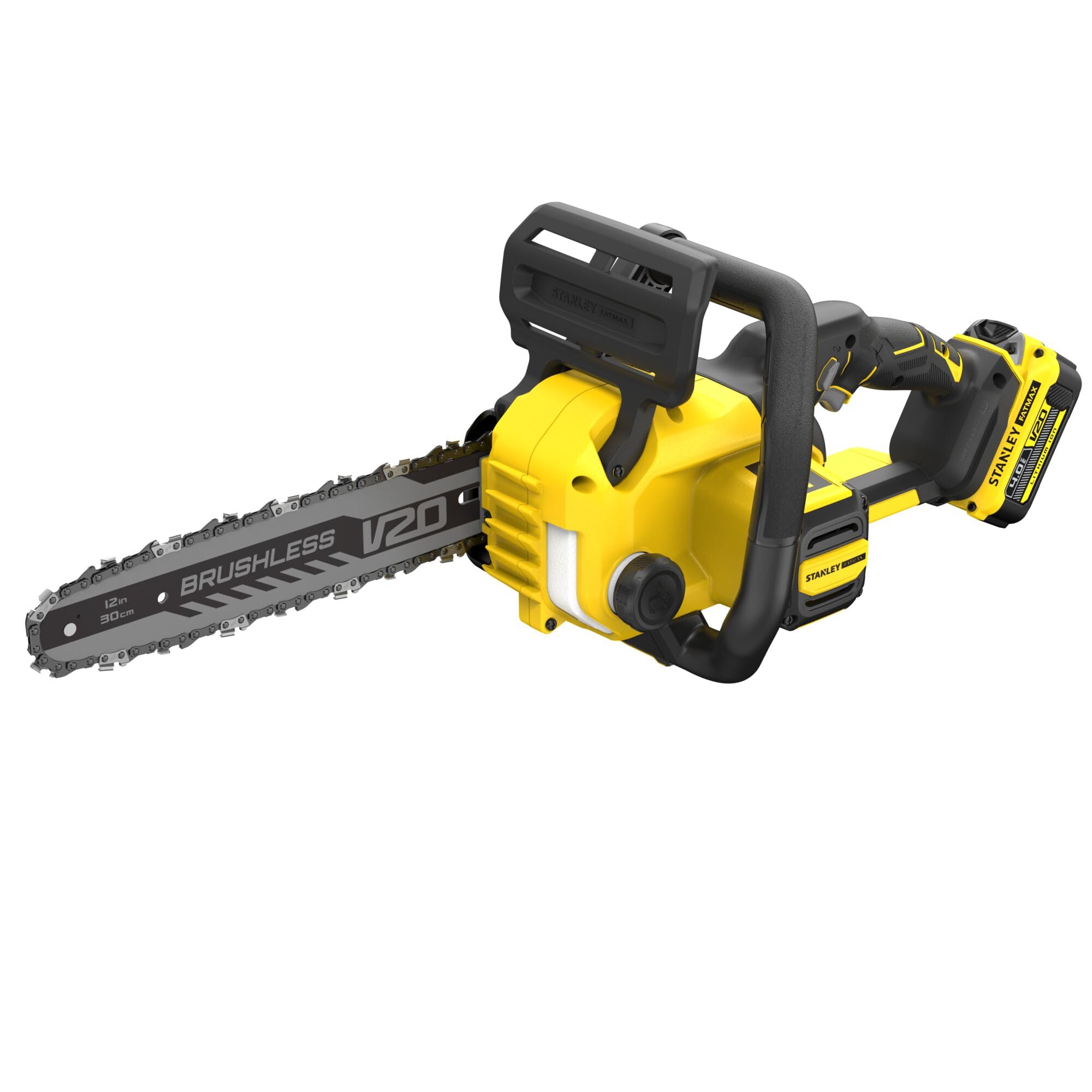 STANLEY FATMAX SFMCCS730M1-QW - Motosierra inalámbrica (18 V, longitud de la espada de 30 cm, motor sin escobillas, con 2 empuñaduras y protección de la mano, adecuada para trabajos de madera y jardín | Motor sin escobillas, Con 2 empuñaduras, Protección