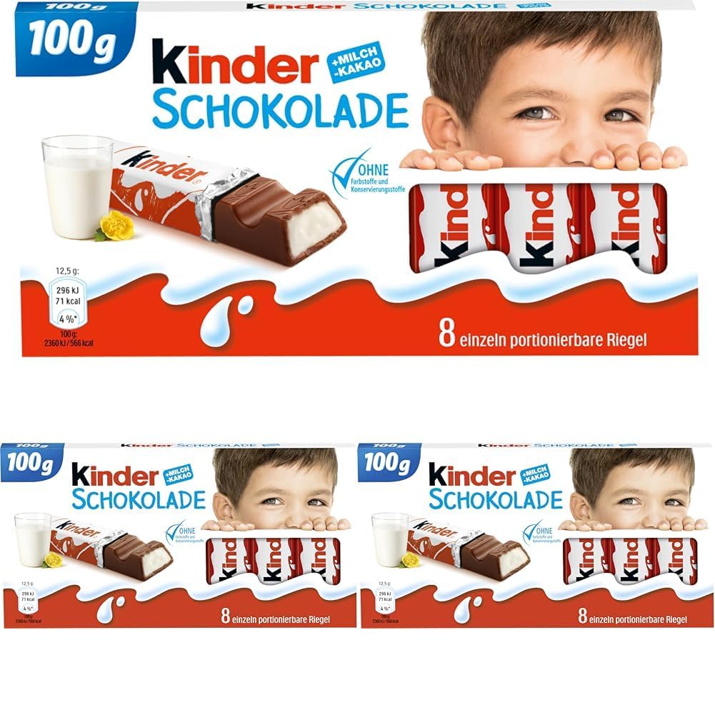 kinder Schokolade – Schokoriegel aus gefüllter Vollmilchschokolade – 1 Packung mit je 8 Einzelriegeln (8 x 12,5 g) (Packung mit 3)