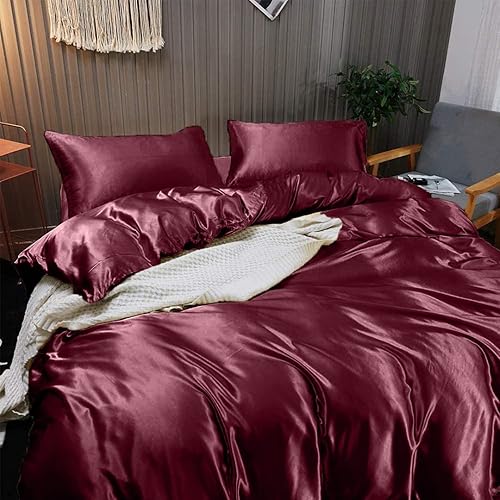 Miniatura 2 de Sábanas de satén de seda, 1 sábana bajera de seda con bolsillos de 15 pulgadas de profundidad, 1 sábana encimera de seda, 1 juego de edredón de
