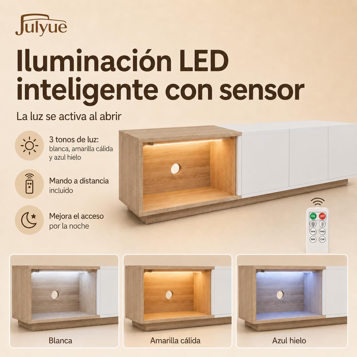 Mueble TV Extensible 163-240 cm, Mueble Bajo con LED Sensor, USB y Pasacables, 3 Cajones de Apertura a Presión, para Televisor hasta 75 Pulgadas